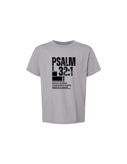 KIDS PSALM 32:1 LARGE SCRIPTURE T-SHIRT "BLACK LOGO"