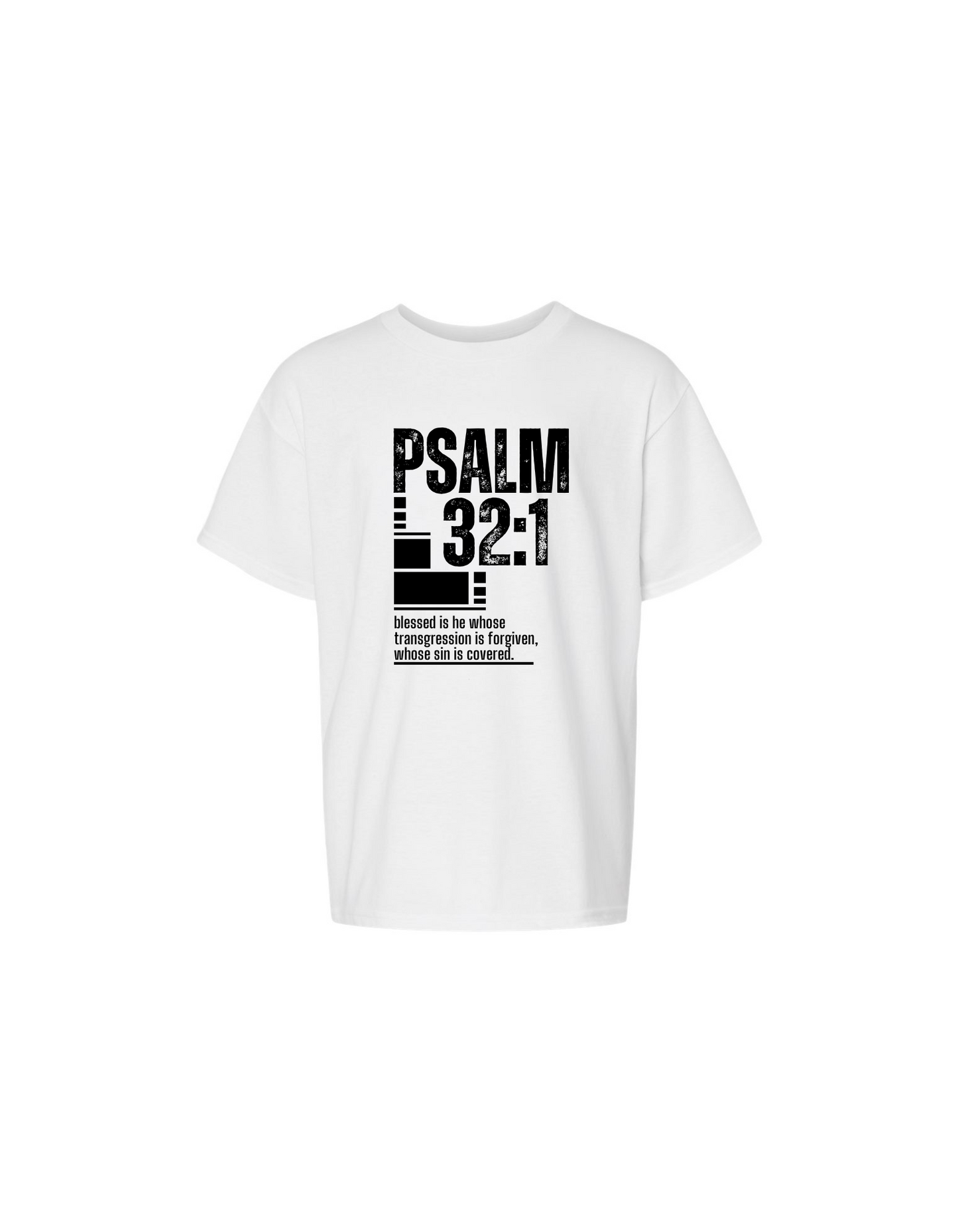 KIDS PSALM 32:1 LARGE SCRIPTURE T-SHIRT "BLACK LOGO"