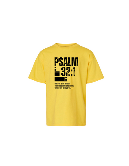 KIDS PSALM 32:1 LARGE SCRIPTURE T-SHIRT "BLACK LOGO"